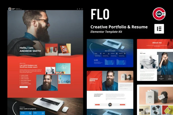 FLO creative portfolio and resume Elementor template kit preview