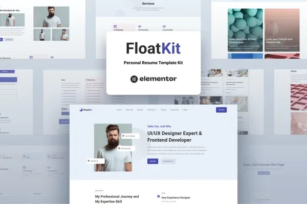 FloatKit personal resume Elementor template kit cover showing portfolio page layouts