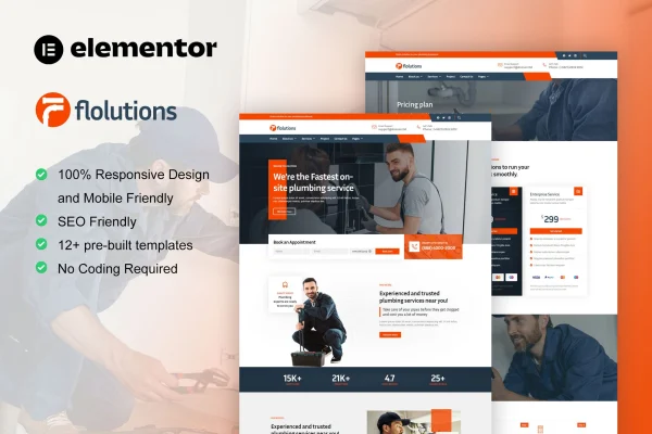 Flolution plumber and repair service Elementor template kit preview