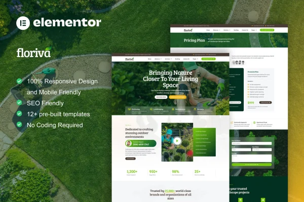 Floriva landscape and gardening Elementor Pro template kit preview