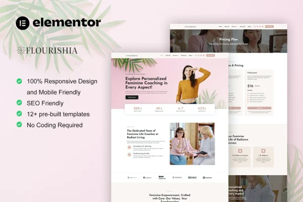 Flourishia feminine business coaching Elementor template kit preview