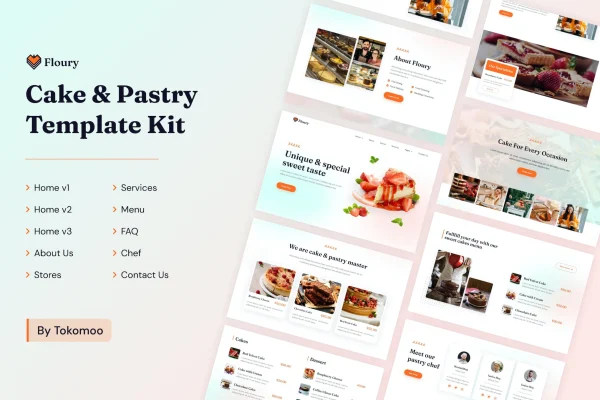 Floury cake and pastry Elementor template kit preview with bakery website pages