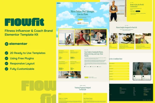 Flowfit Elementor template kit cover showing fitness coach website pages