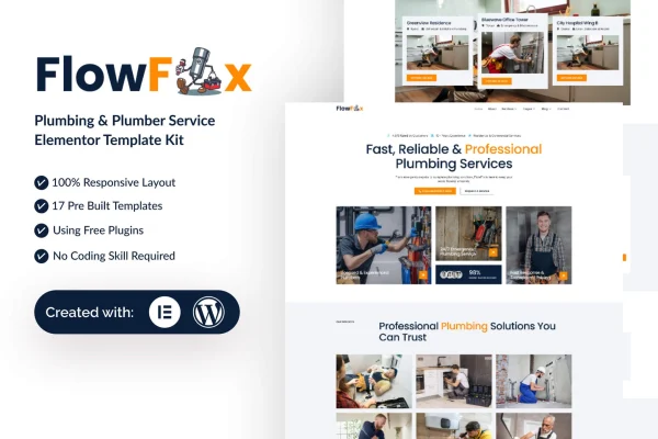 FlowFix plumbing service Elementor template kit cover image