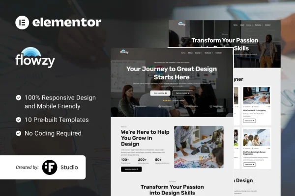 Flowzy UI/UX course and services Elementor template kit preview