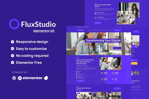 Flux digital agency Elementor template kit cover showing modern agency page layouts
