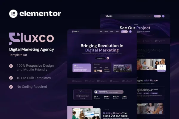 Fluxco digital marketing agency Elementor template kit preview