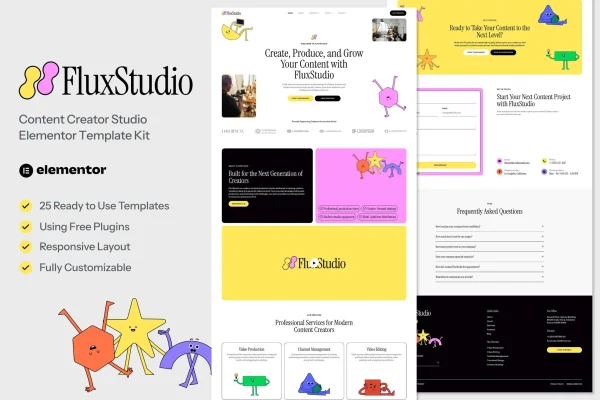 FluxStudio Elementor template kit preview for a content creator website
