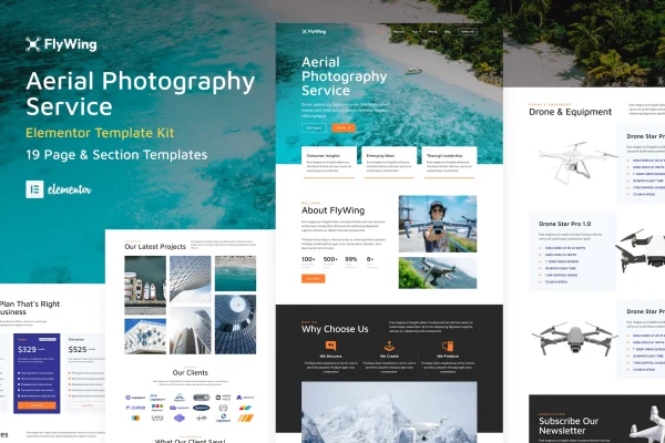 FlyWing drone aerial video and photography Elementor template kit preview
