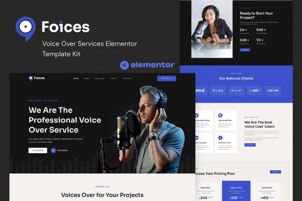 Foices voice over services Elementor template kit preview