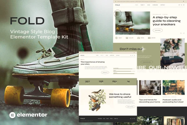 Fold vintage style blog Elementor template kit cover with beige journal-style page layouts