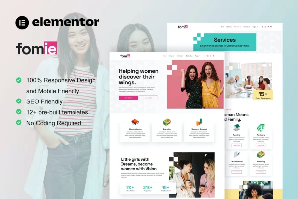 Fomie Business Woman Elementor template kit cover showing page layouts