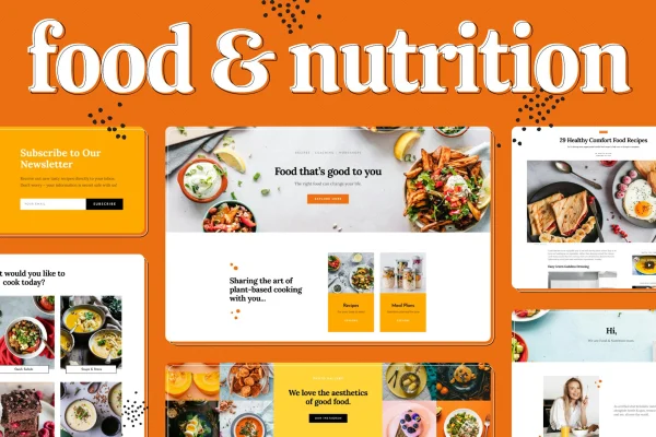 Food & Nutrition Elementor Template Kit preview with healthy food website page layouts