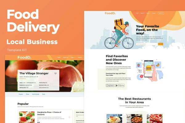 FoodDelivery Elementor template kit preview with restaurant and food delivery page layouts