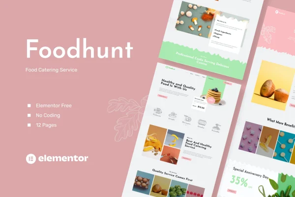 Foodhunt catering service Elementor template kit preview with menu and food gallery pages