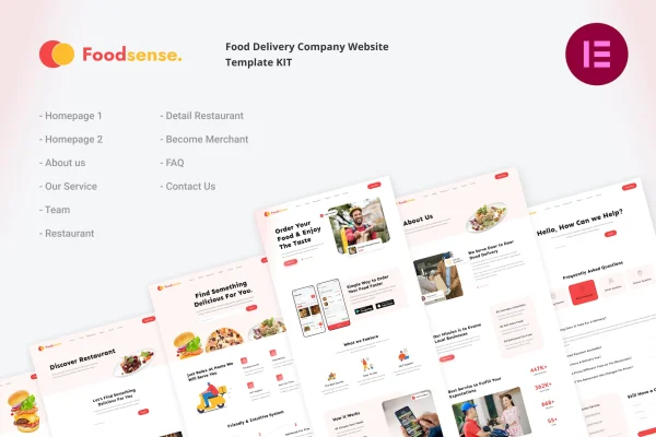 FoodSense food delivery Elementor template kit preview with homepage layouts