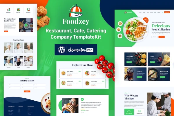 Foodzey restaurant Elementor template kit cover showing website page designs