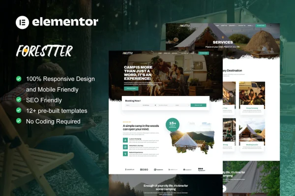 Forestter camping and adventure Elementor template kit preview