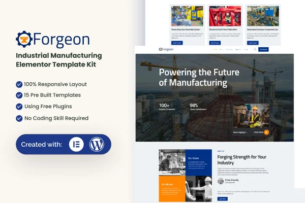 Forgeon industrial and manufacturing Elementor template kit preview