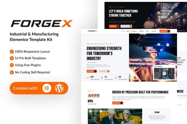 ForgeX industrial and manufacturing Elementor template kit preview