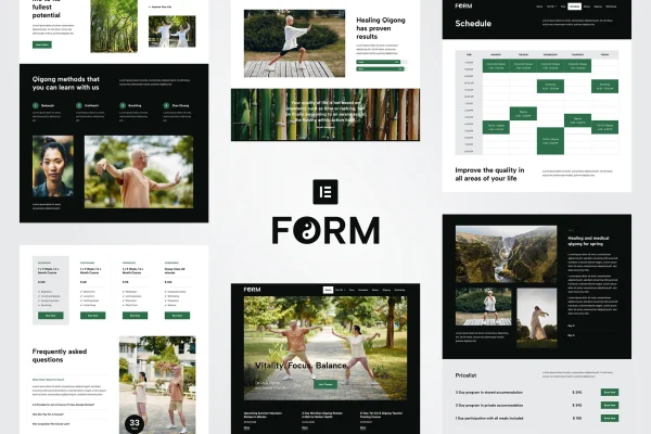 Form Tai Chi and Qigong Elementor template kit preview with calm wellness page layouts