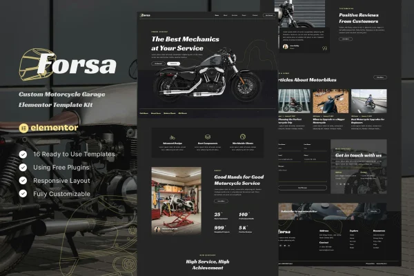 Forsa custom motorcycle garage Elementor template kit preview