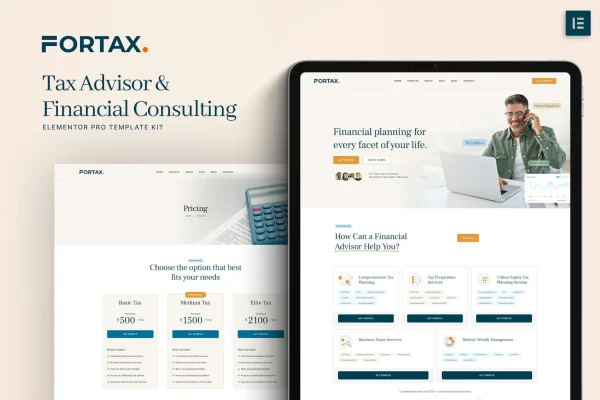 Fortax tax advisor and financial consulting Elementor template kit preview
