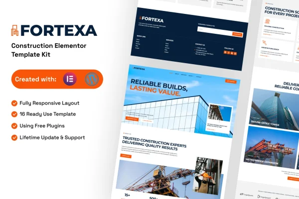 Fortexa construction Elementor template kit preview