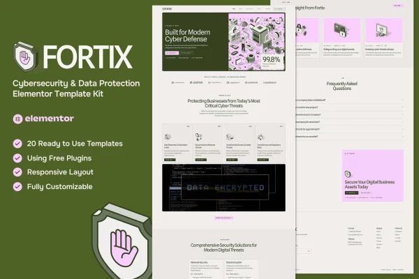 Fortix cybersecurity and data protection Elementor template kit preview
