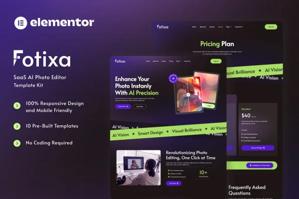Fotixa Elementor template kit cover showing an AI photo app website design