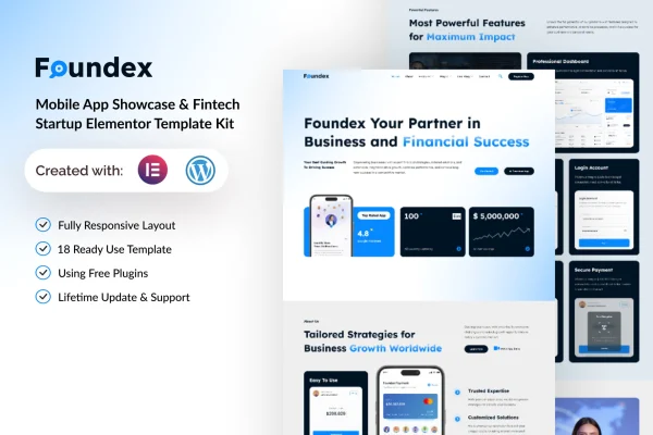 Foundex Elementor template kit preview for a mobile app and fintech startup website
