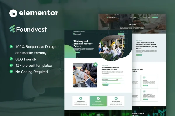 FoundVest finance and investment Elementor Pro template kit preview