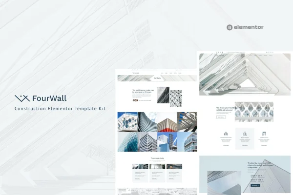 FourWall construction Elementor template kit cover showing website page layouts
