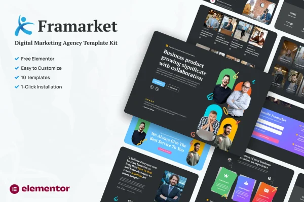 Framarket digital marketing Elementor template kit page previews