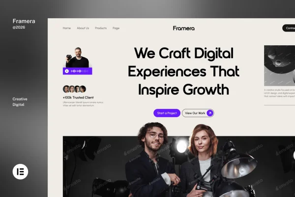 Framera creative studio portfolio Elementor template kit preview