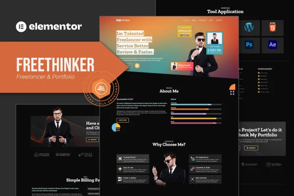 Freethinker Elementor template kit cover with dark freelancer portfolio page designs