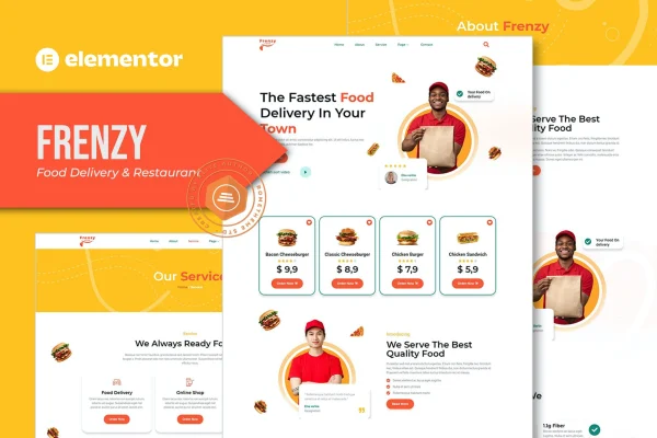 Frenzy food delivery and restaurant Elementor template kit preview
