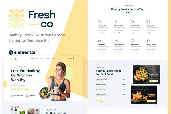 Freshco healthy food and nutrition Elementor template kit preview