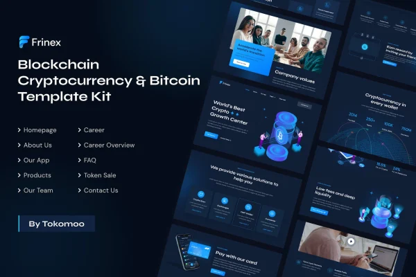 Frinex blockchain and cryptocurrency Elementor template kit preview with dark page layouts