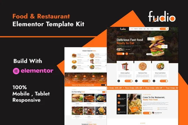 Fudio food and restaurant Elementor template kit preview
