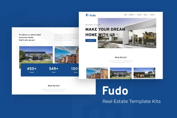 Fudo real estate Elementor template kit preview with property listing pages