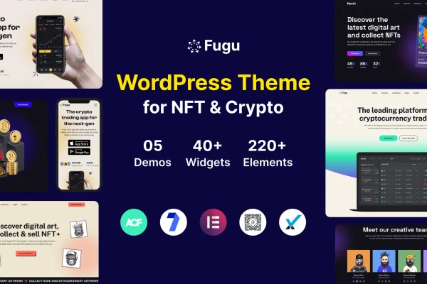 Fugu NFT and crypto WordPress theme preview with homepage layouts