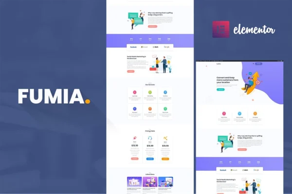 Fumia startup agency Elementor template kit page previews