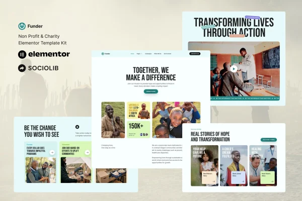 Funder non-profit and charity Elementor template kit preview
