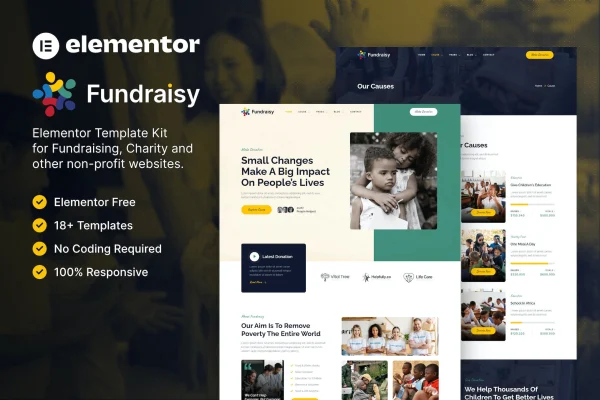 Fundraisy charity and fundraising Elementor template kit preview