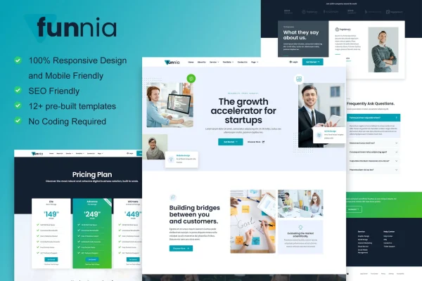 Funnia digital agency Elementor template kit preview showing modern page layouts