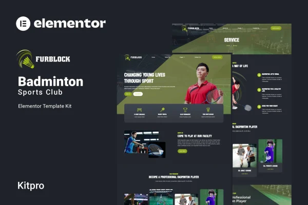 Furblock badminton club Elementor template kit cover showing website page layouts