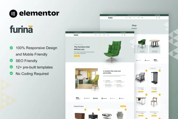 Furina furniture shop Elementor template kit preview showing store page layouts