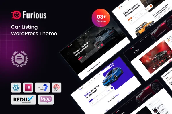 Furious car listing WordPress theme preview with vehicle listings