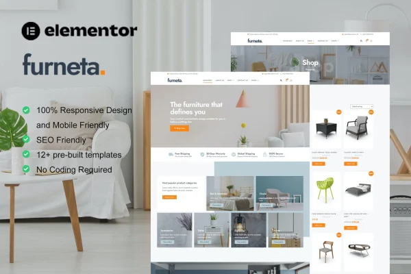 Furneta furniture shop Elementor template kit preview